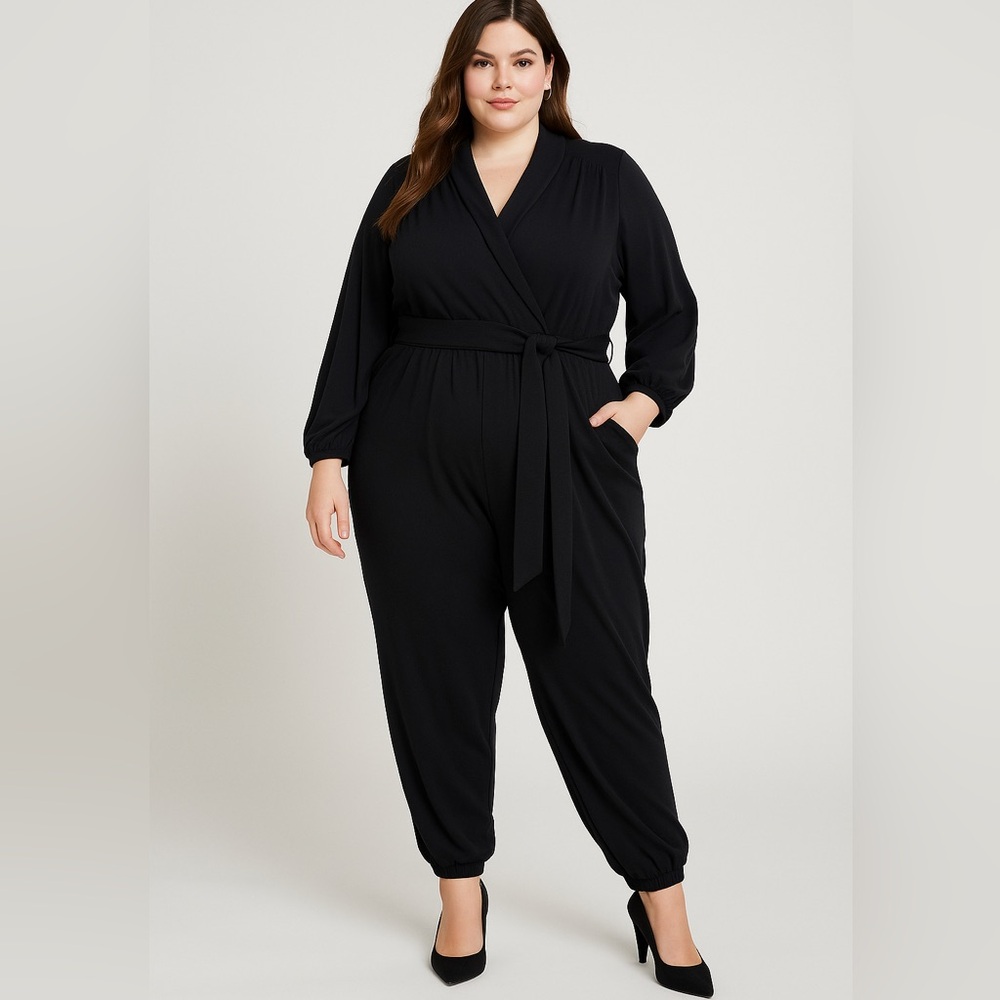 New! Eloquii Jumpsuit  Black Faux‎ Wrap Shawl Neck Belted Long Sleeve，14/16
